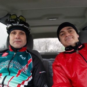 February 16, 2014 - Pre-Frostbike warm up going over game plan. Heat blasting in team van.